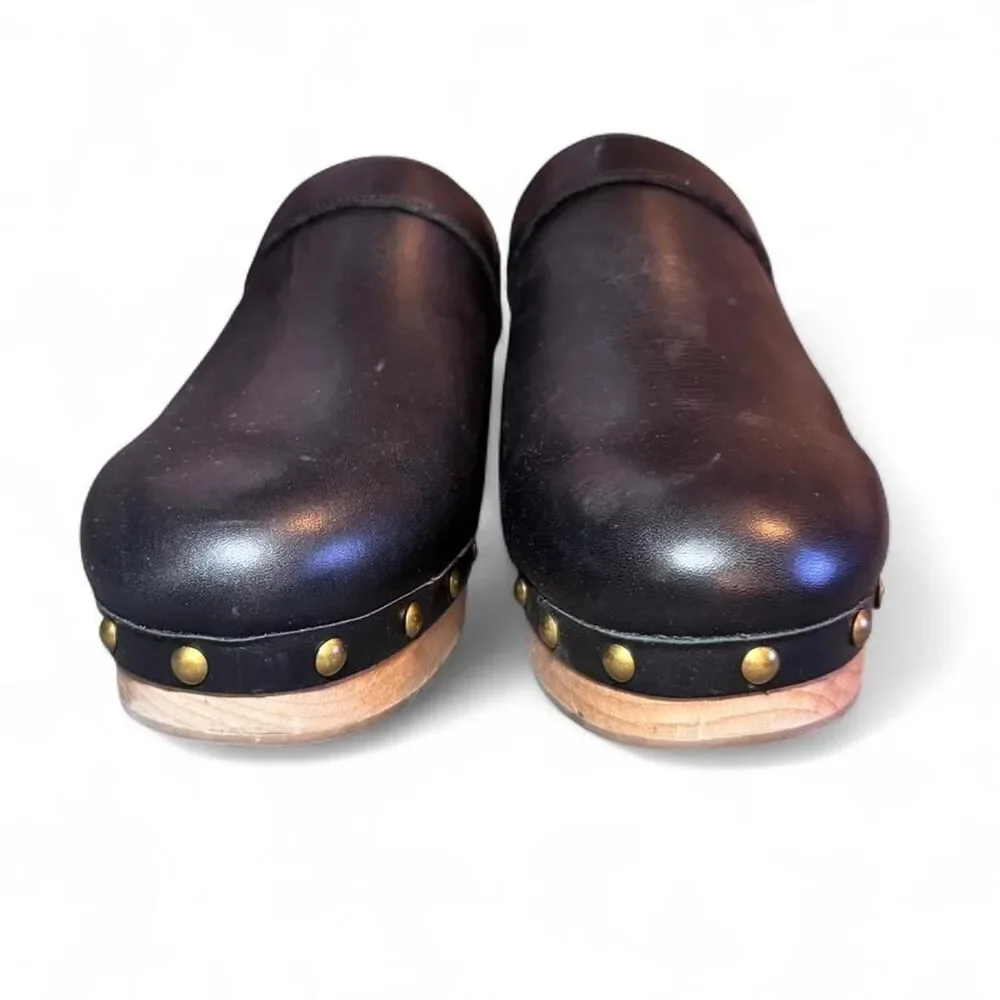 J.Crew BA188 Black Leather Studded Wood Clogs Women’s 10.5 Platform Mule